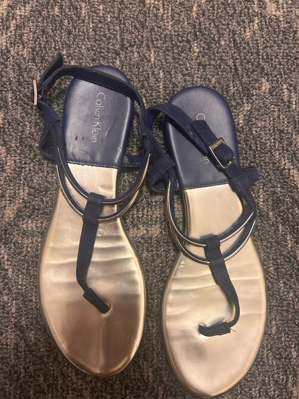 Calvin Klein Navy and Metallic silver T-Strap Sandals for Women